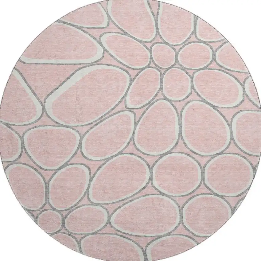 8' Pink Ivory And Gray Geometric Washable Round Rug With UV Protection Photo 3