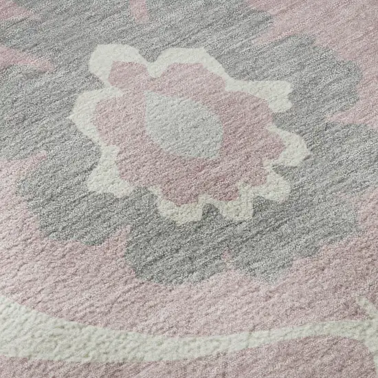 8' Pink Ivory And Gray Medallion Washable Round Rug With UV Protection Photo 9