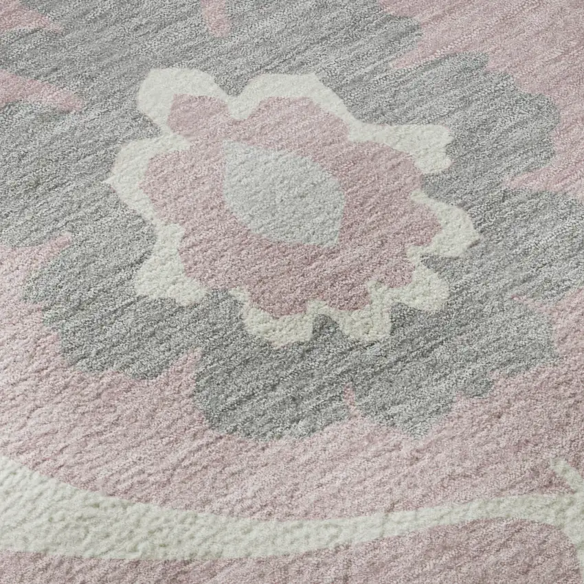 8' Pink Ivory And Gray Medallion Washable Round Rug With UV Protection Photo 9