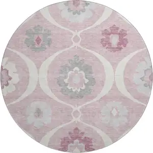 Photo of 8' Pink Ivory And Gray Medallion Washable Round Rug With UV Protection