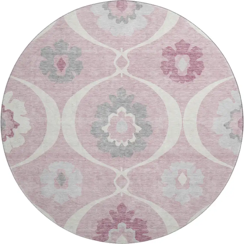 8' Pink Ivory And Gray Medallion Washable Round Rug With UV Protection Photo 1