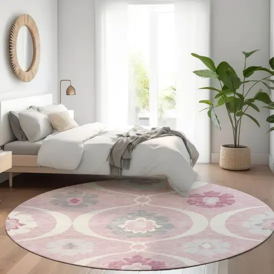 8' Pink Ivory And Gray Medallion Washable Round Rug With UV Protection Photo 5