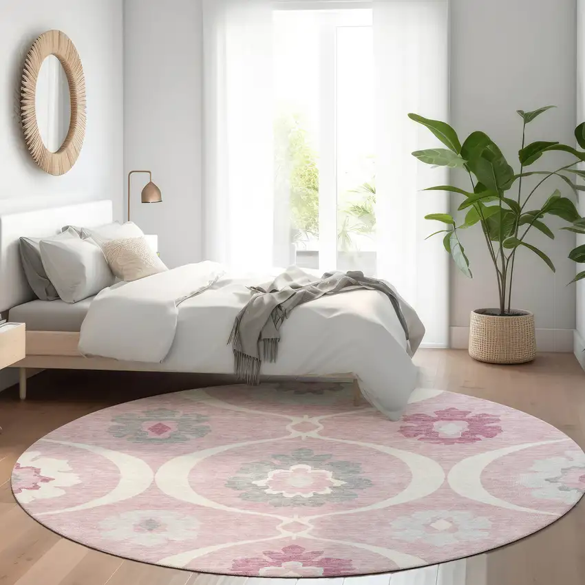 8' Pink Ivory And Gray Medallion Washable Round Rug With UV Protection Photo 5