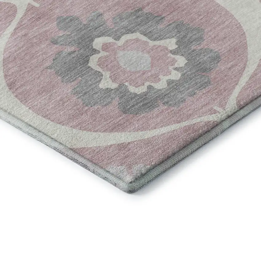8' Pink Ivory And Gray Medallion Washable Round Rug With UV Protection Photo 7