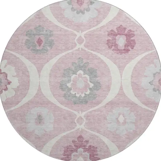 8' Pink Ivory And Gray Medallion Washable Round Rug With UV Protection Photo 4