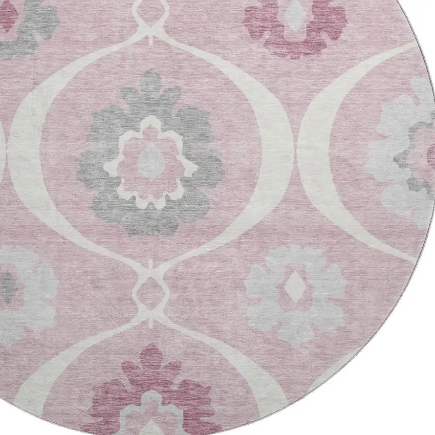 8' Pink Ivory And Gray Medallion Washable Round Rug With UV Protection Photo 3