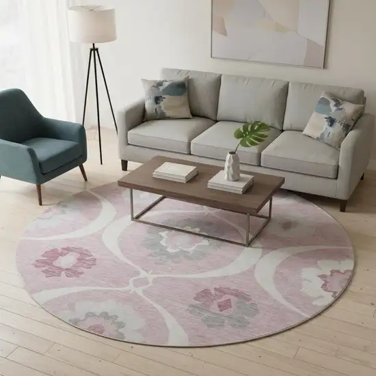 8' Pink Ivory And Gray Medallion Washable Round Rug With UV Protection Photo 2