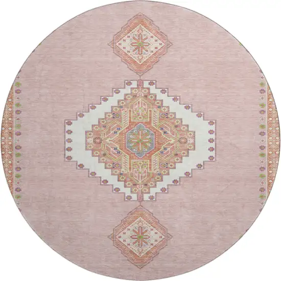 8' Pink Ivory And Gray Oriental Washable Round Rug With UV Protection Photo 1