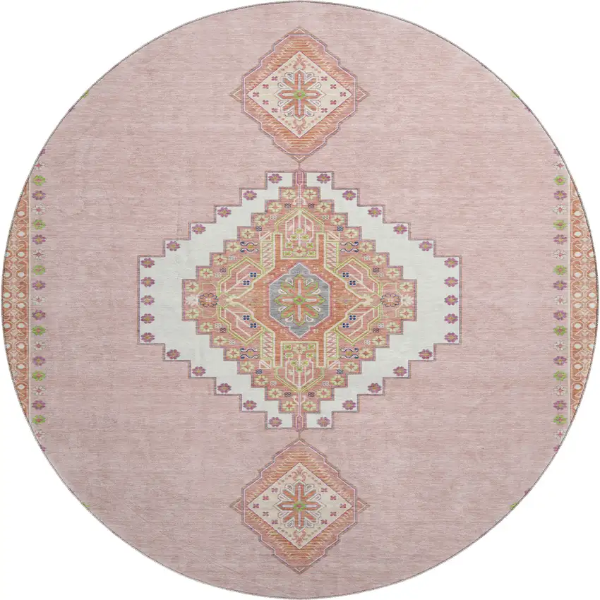 8' Pink Ivory And Gray Oriental Washable Round Rug With UV Protection Photo 1