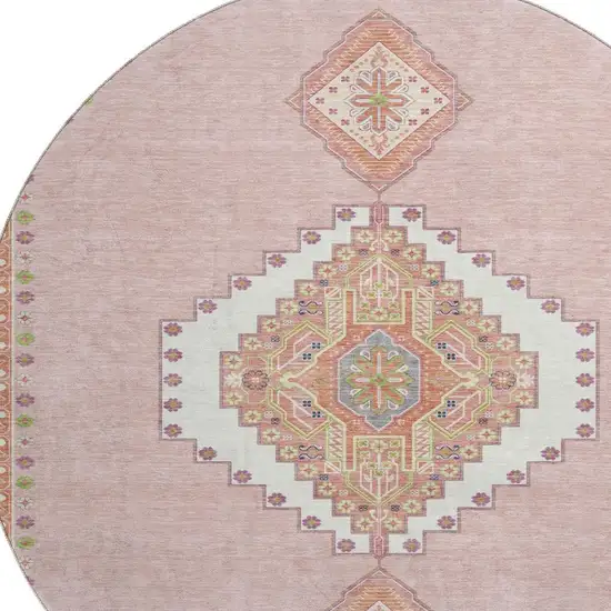 8' Pink Ivory And Gray Oriental Washable Round Rug With UV Protection Photo 2