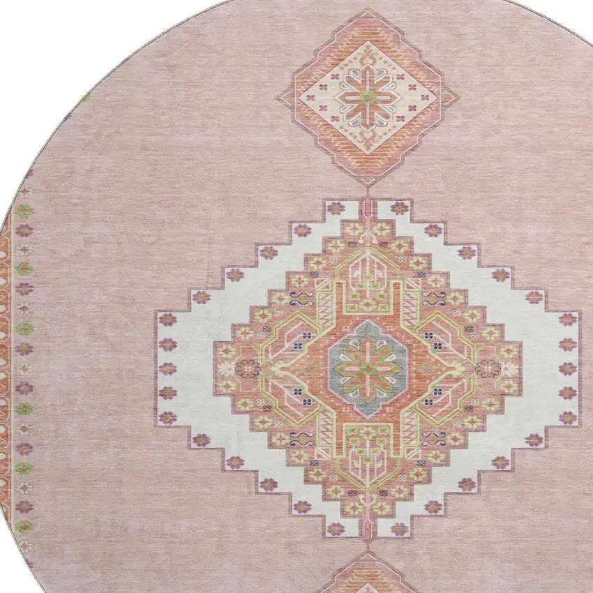 8' Pink Ivory And Gray Oriental Washable Round Rug With UV Protection Photo 2