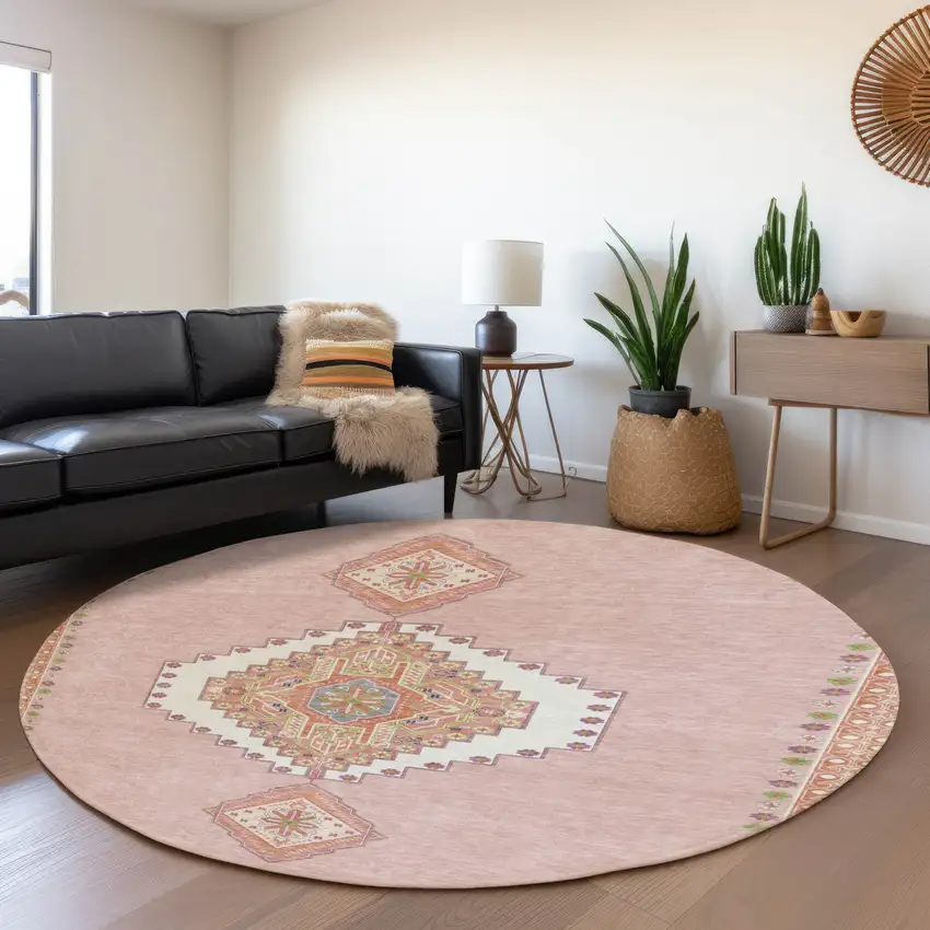 8' Pink Ivory And Gray Oriental Washable Round Rug With UV Protection Photo 4