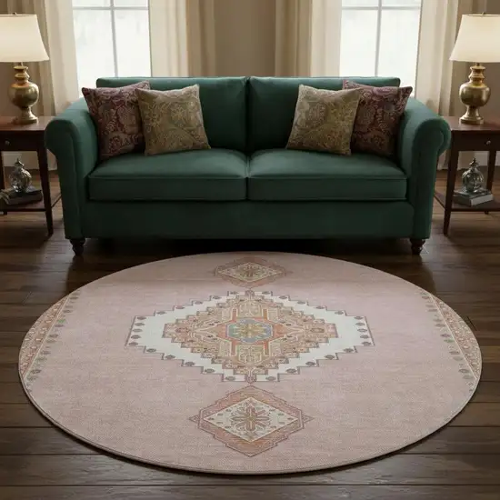 8' Pink Ivory And Gray Oriental Washable Round Rug With UV Protection Photo 2