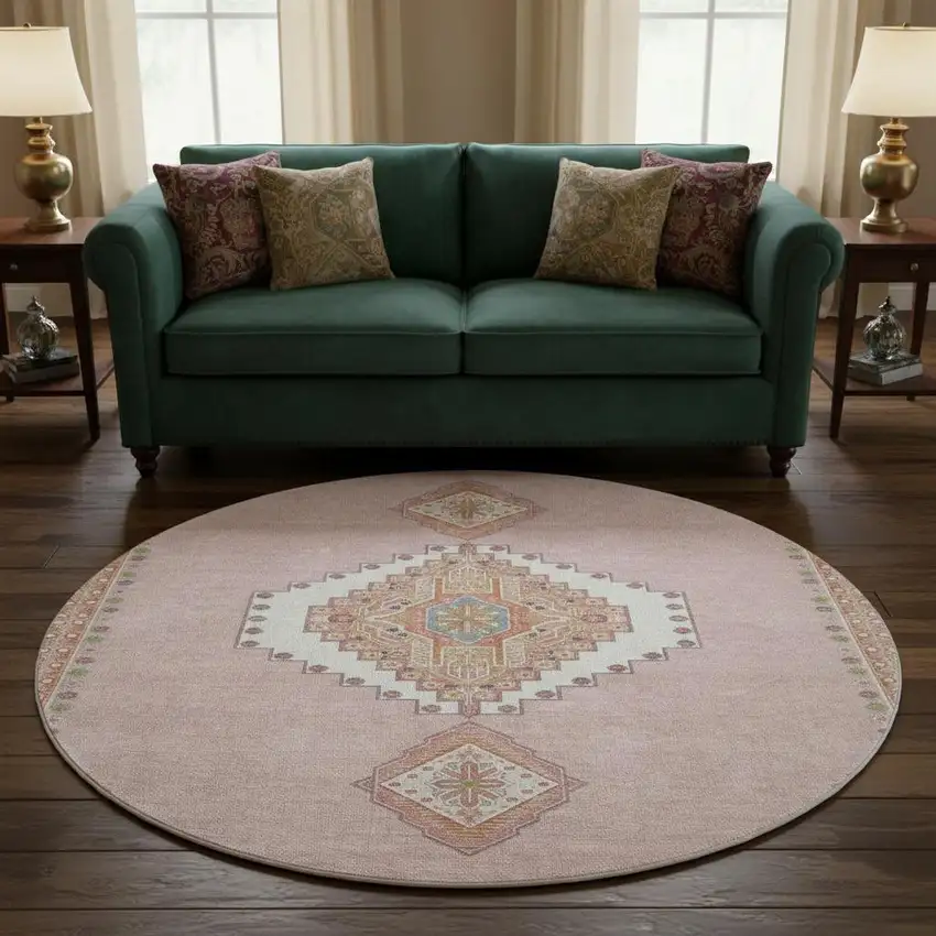 8' Pink Ivory And Gray Oriental Washable Round Rug With UV Protection Photo 2