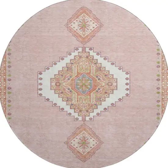 8' Pink Ivory And Gray Oriental Washable Round Rug With UV Protection Photo 3