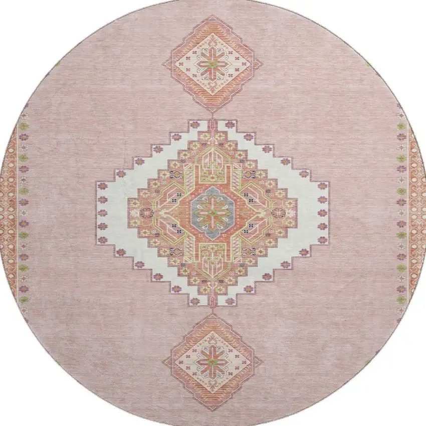 8' Pink Ivory And Gray Oriental Washable Round Rug With UV Protection Photo 3