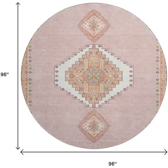 8' Pink Ivory And Gray Oriental Washable Round Rug With UV Protection Photo 9