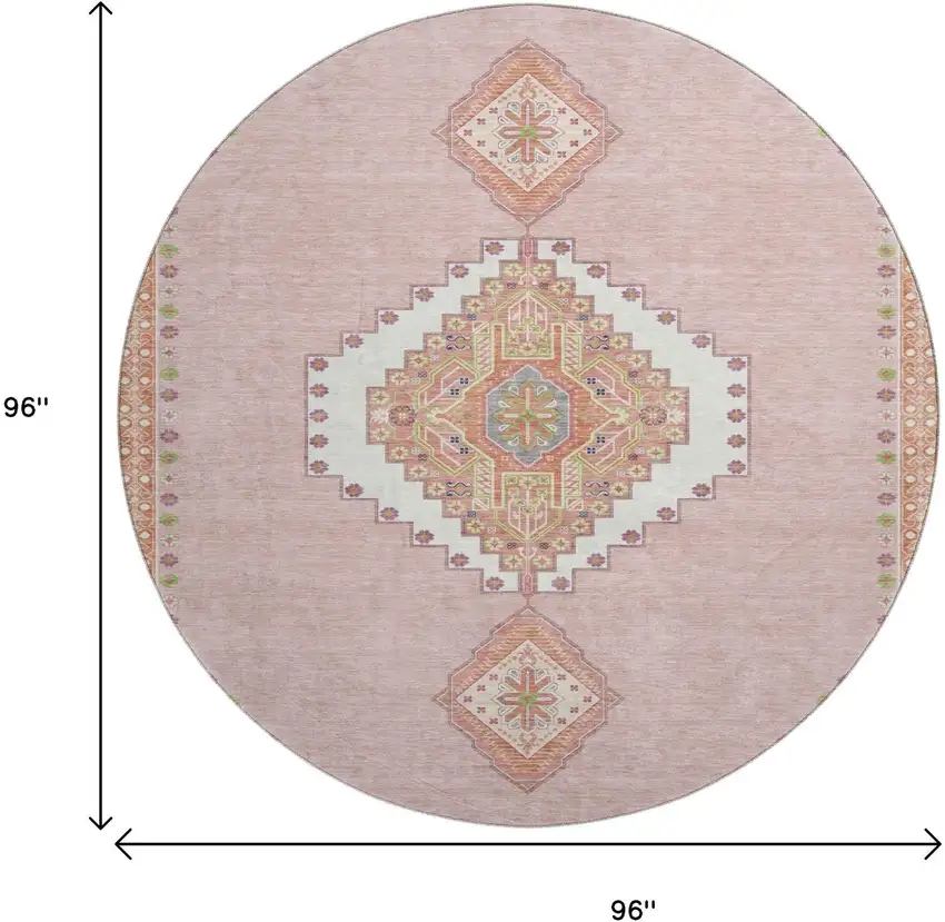 8' Pink Ivory And Gray Oriental Washable Round Rug With UV Protection Photo 9