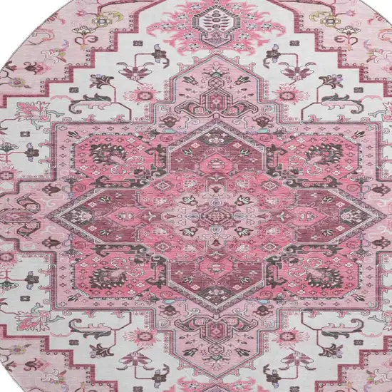 8' Pink Ivory And Gray Oriental Washable Round Rug With UV Protection Photo 2