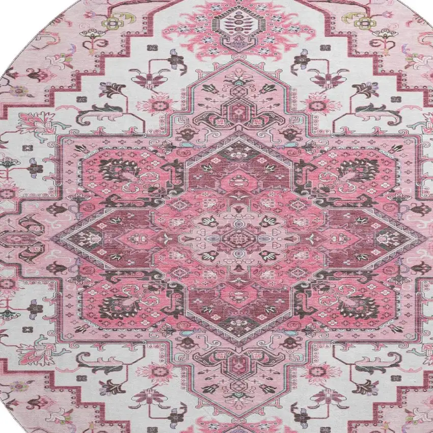 8' Pink Ivory And Gray Oriental Washable Round Rug With UV Protection Photo 2
