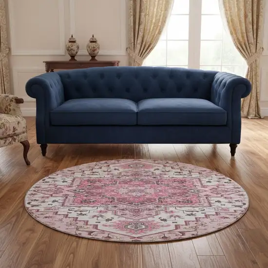 8' Pink Ivory And Gray Oriental Washable Round Rug With UV Protection Photo 2