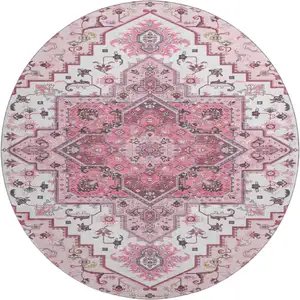 Photo of 8' Pink Ivory And Gray Oriental Washable Round Rug With UV Protection
