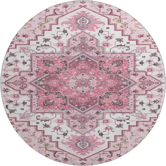 8' Pink Ivory And Gray Oriental Washable Round Rug With UV Protection Photo 1
