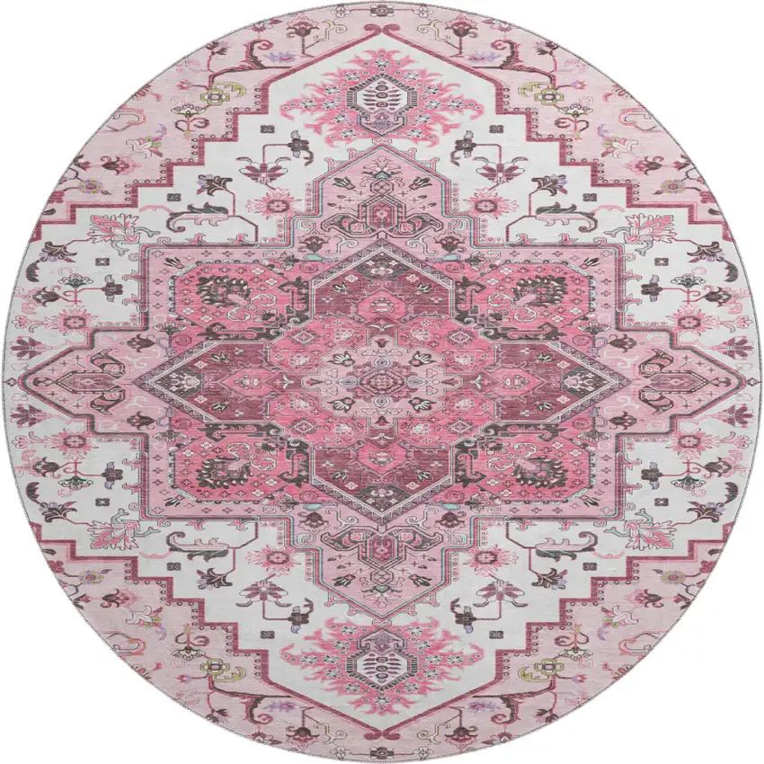 8' Pink Ivory And Gray Oriental Washable Round Rug With UV Protection Photo 1