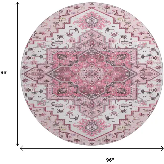 8' Pink Ivory And Gray Oriental Washable Round Rug With UV Protection Photo 9