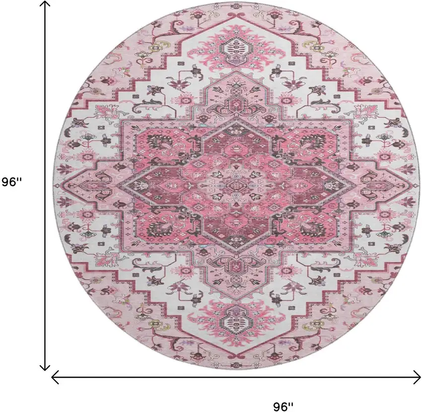 8' Pink Ivory And Gray Oriental Washable Round Rug With UV Protection Photo 9