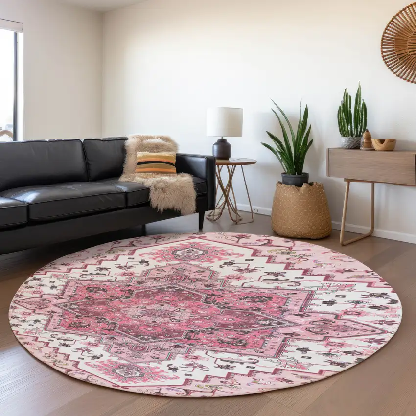 8' Pink Ivory And Gray Oriental Washable Round Rug With UV Protection Photo 4