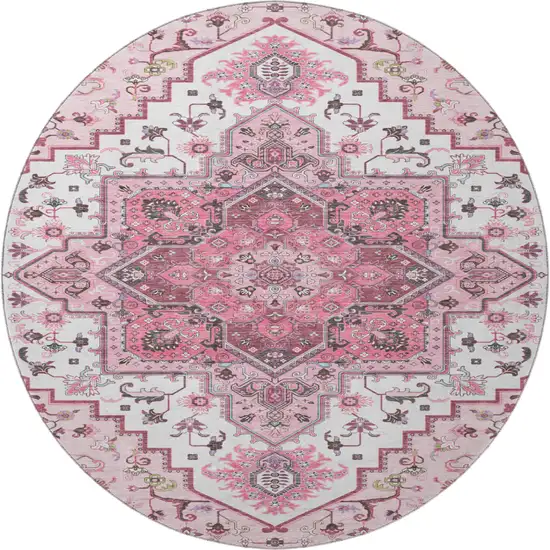 8' Pink Ivory And Gray Oriental Washable Round Rug With UV Protection Photo 3