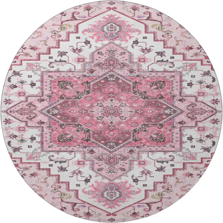 8' Pink Ivory And Gray Oriental Washable Round Rug With UV Protection Photo 3