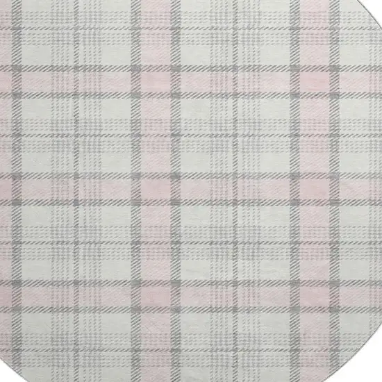 8' Pink Ivory And Gray Plaid Washable Round Rug With UV Protection Photo 2