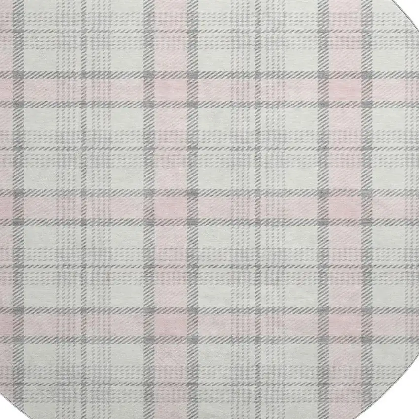 8' Pink Ivory And Gray Plaid Washable Round Rug With UV Protection Photo 2