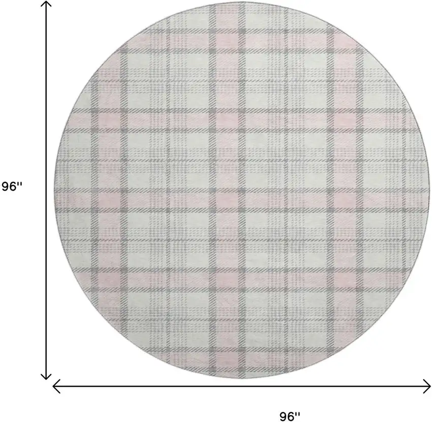 8' Pink Ivory And Gray Plaid Washable Round Rug With UV Protection Photo 9