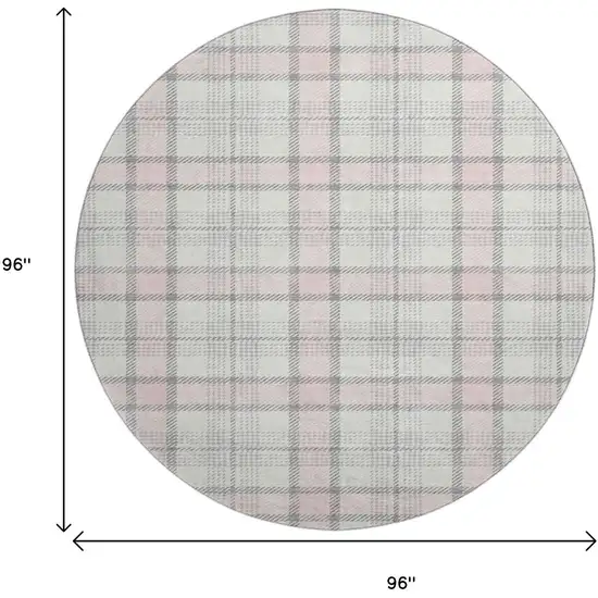 8' Pink Ivory And Gray Plaid Washable Round Rug With UV Protection Photo 9