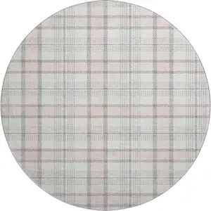 Photo of 8' Pink Ivory And Gray Plaid Washable Round Rug With UV Protection