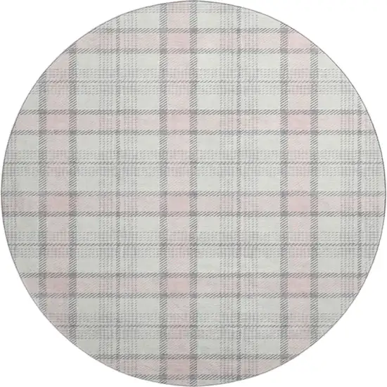 8' Pink Ivory And Gray Plaid Washable Round Rug With UV Protection Photo 1