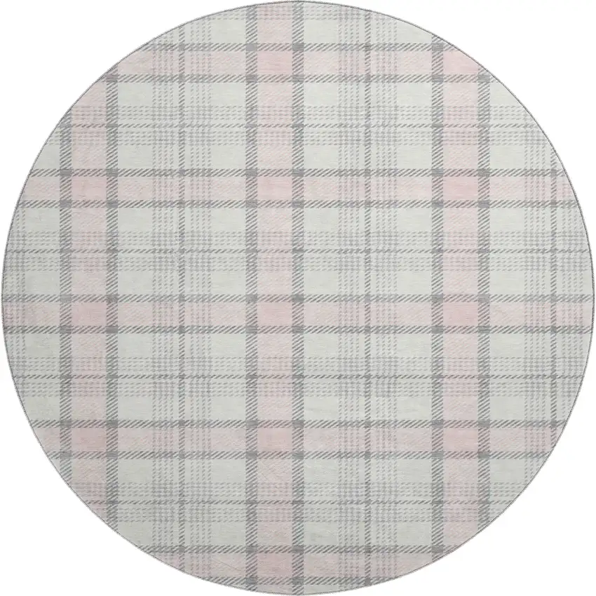 8' Pink Ivory And Gray Plaid Washable Round Rug With UV Protection Photo 1
