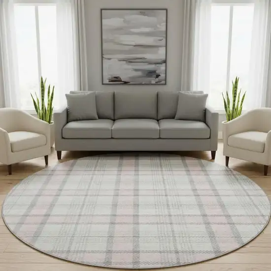 8' Pink Ivory And Gray Plaid Washable Round Rug With UV Protection Photo 2