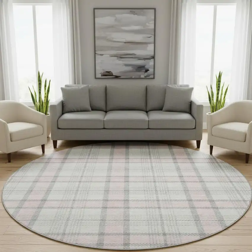 8' Pink Ivory And Gray Plaid Washable Round Rug With UV Protection Photo 2