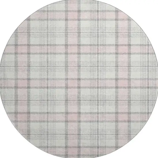 8' Pink Ivory And Gray Plaid Washable Round Rug With UV Protection Photo 3