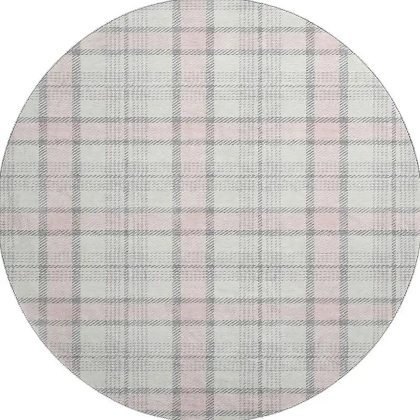 8' Pink Ivory And Gray Plaid Washable Round Rug With UV Protection Photo 3