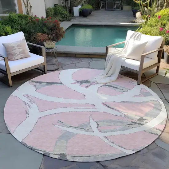 8' Pink Ivory And Gray Round Abstract Washable Indoor Outdoor Area Rug Photo 7