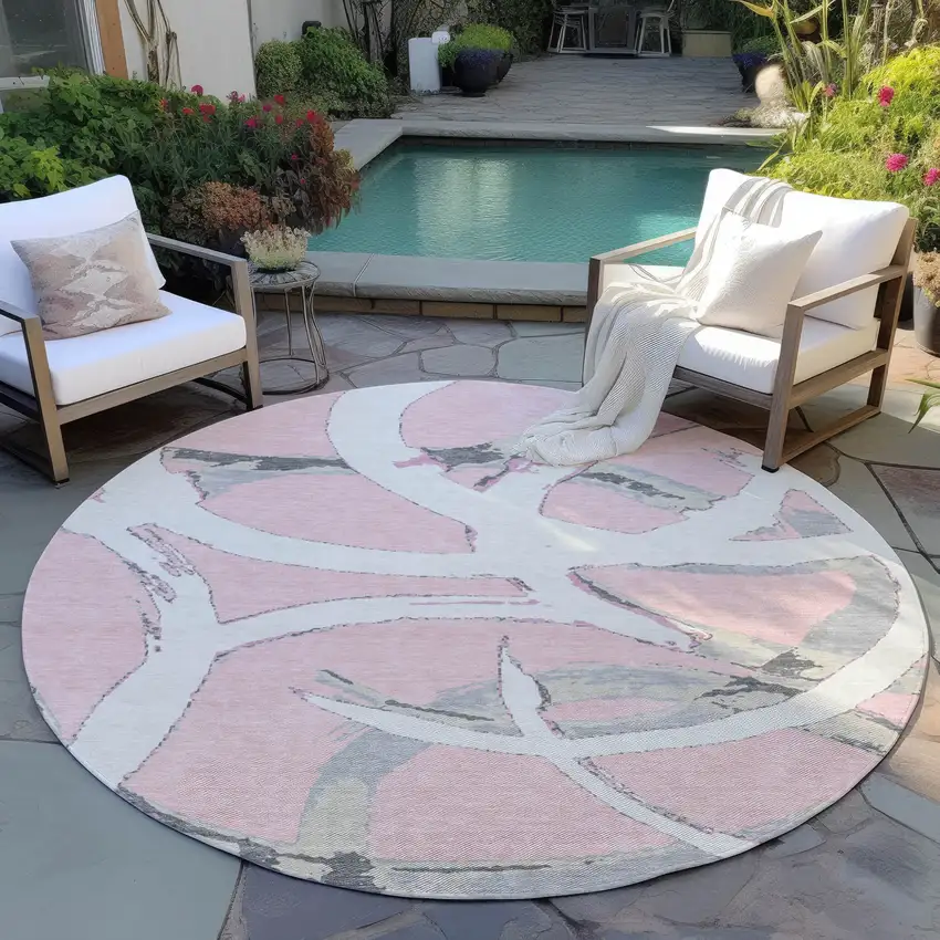 8' Pink Ivory And Gray Round Abstract Washable Indoor Outdoor Area Rug Photo 7