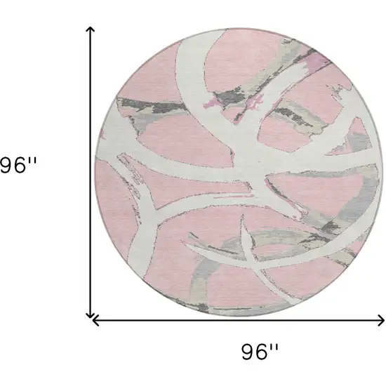8' Pink Ivory And Gray Round Abstract Washable Indoor Outdoor Area Rug Photo 3