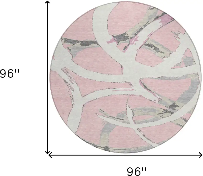 8' Pink Ivory And Gray Round Abstract Washable Indoor Outdoor Area Rug Photo 3