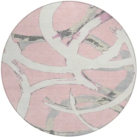 8' Pink Ivory And Gray Round Abstract Washable Indoor Outdoor Area Rug Photo 2