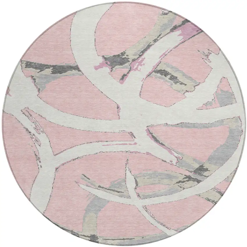 8' Pink Ivory And Gray Round Abstract Washable Indoor Outdoor Area Rug Photo 2